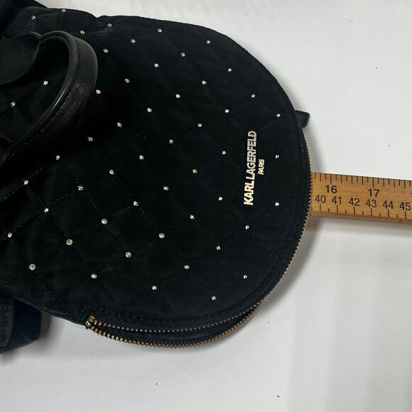 Karl Lagerfeld Paris Black Diamond Quilted Pattern Studded Drawstring Backpack - Picture 13 of 16